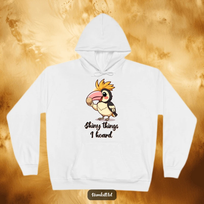 Funny Kawaii Hornbill Hoodie showing an enthusiastic bird proudly presenting a shiny pebble, perfect for cozy displays.