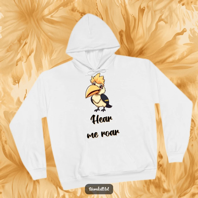 Smiling hornbill hoodie, with beak wide open, ready to chirp, radiating cheerful and funny energy for cozy wear.