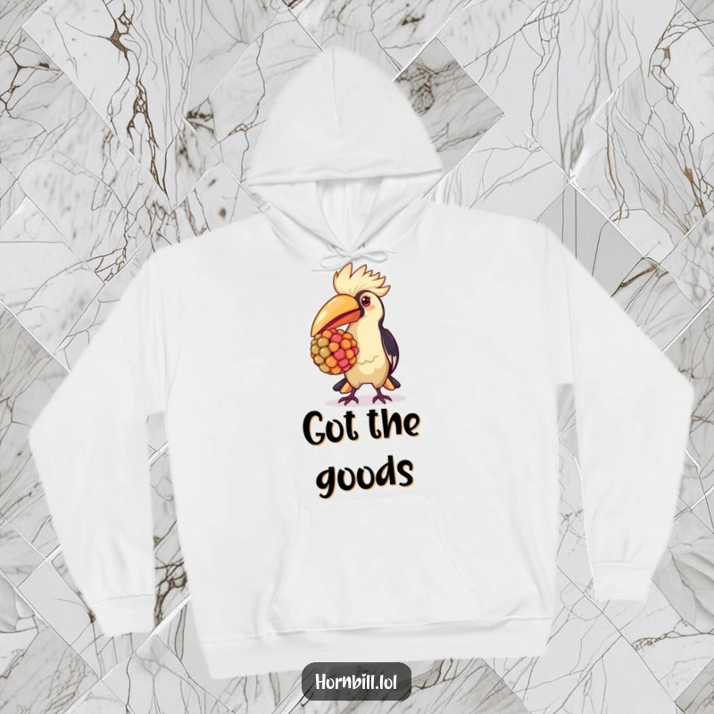 Kawaii hornbill hoodie, proudly holding a big, colorful berry, radiating cute and warm vibes for cozy wear.