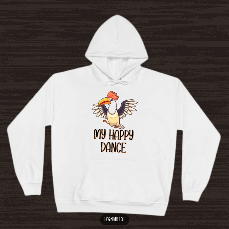 Funny Hornbill Celebration Hoodie: A comfortable hoodie showing a bird with wings outstretched, captured in a moment of ecstatic hopping.