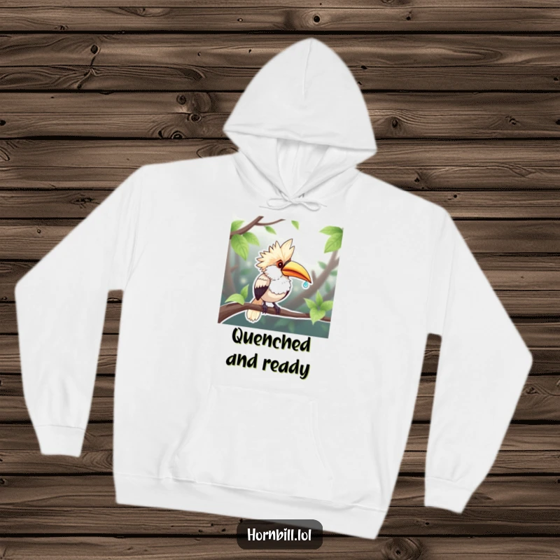 Funny Chubby Hornbill Hoodie: A plump hornbill cherishes a dewdroplet sip, embodying cozy comfort and humorous, delightful moments.