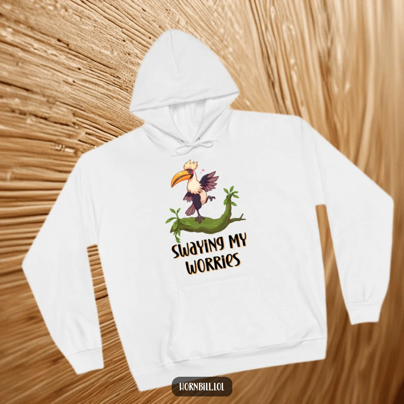 Funny Hornbill Dance Hoodie: A hornbill dances whimsically on a mossy branch, offering cozy warmth and funny energy.
