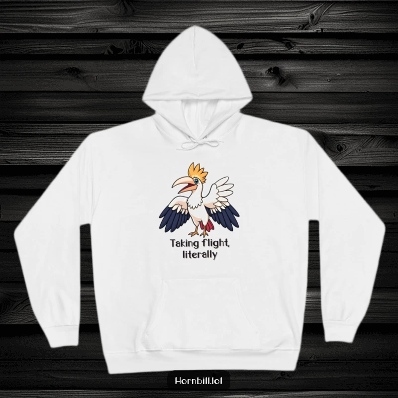 Funny hornbill hoodie, a joyfully flapping hornbill character with large wings spread wide, representing freedom and happiness.