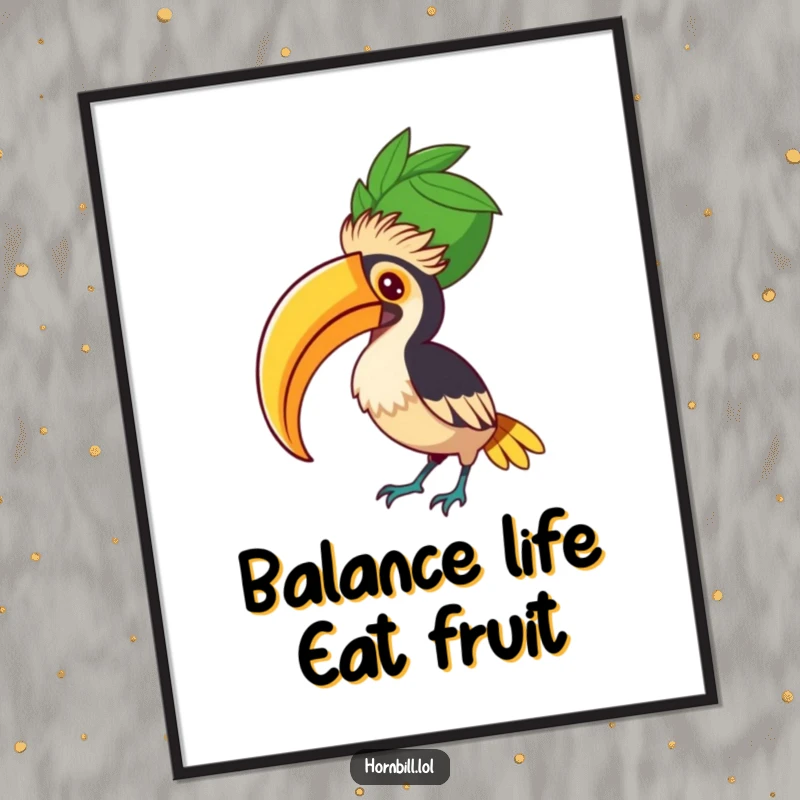 Funny Free Printable Hornbill Wall Art, a hornbill intensely balancing a giant fruit on its beak, a humorous display.