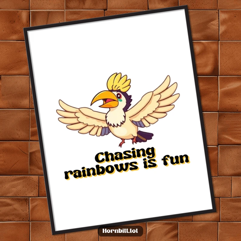 Funny Free Printable Hornbill Wall Art, a hornbill joyfully flying through a rainbow with wings spread wide, radiating happiness.
