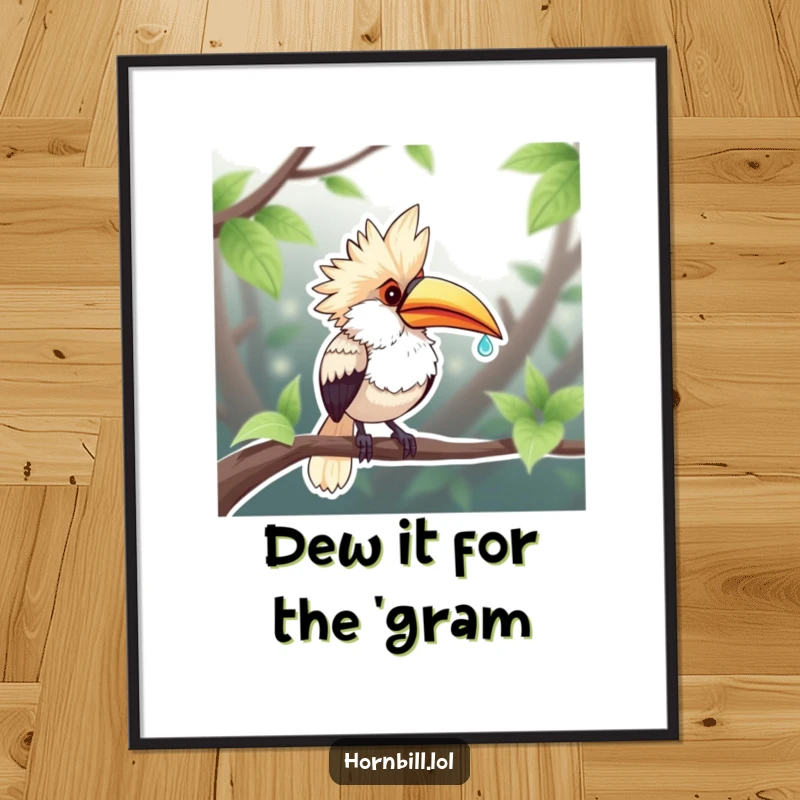Funny Free Printable Wall Art: Chubby hornbill enjoying a dewdroplet, a whimsical and humorous addition to any room.