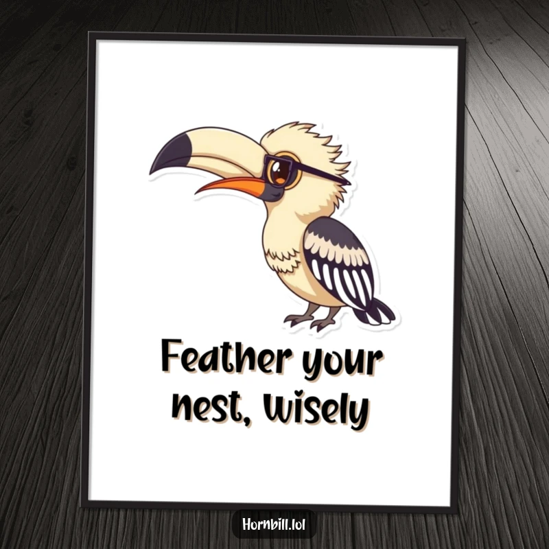 Funny Free Printable Wall Art: A hornbill wearing small spectacles, intently studying a large feather, radiating scholarly curiosity.