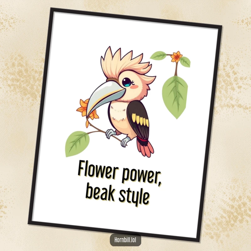 Funny Free Printable Wall Art: Kawaii hornbill playfully pecking at a dangling flower petal, bringing whimsical charm.