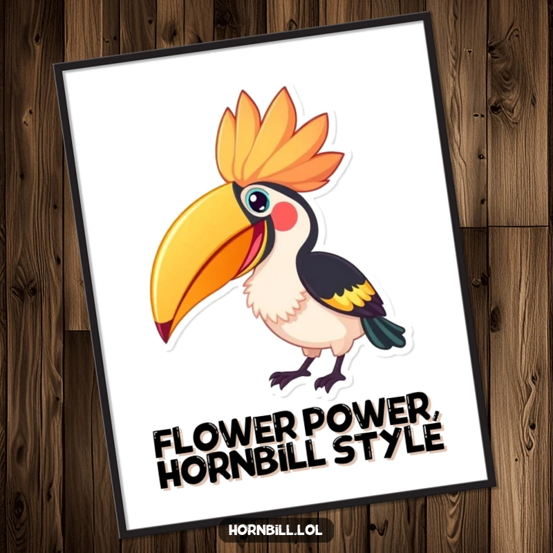 Funny Free Printable Hornbill Wall Art, a hornbill eagerly pecking a large, colorful flower, a vibrant and humorous piece.