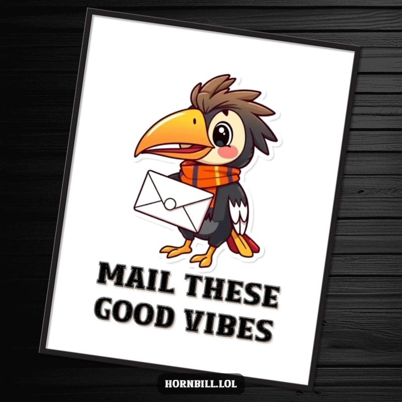 Funny Free Printable Hornbill Wall Art, a cheerful bird with a colorful scarf delivering mail, perfect for quirky decor.