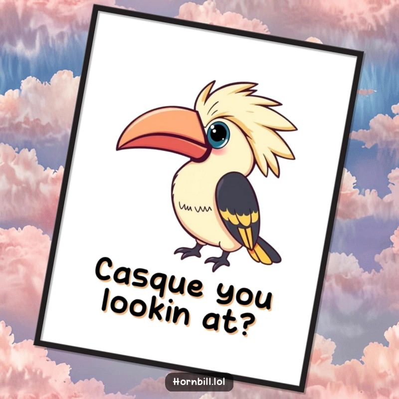 Funny Free Printable Hornbill Wall Art: A kawaii hornbill tilts its casque in curiosity, adding whimsical decor.
