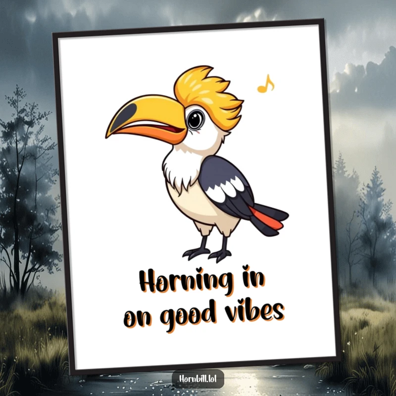 Funny Free Printable Hornbill Wall Art: A vibrant hornbill whistles upwards, its beak pointing to the sky in a cheerful tune.