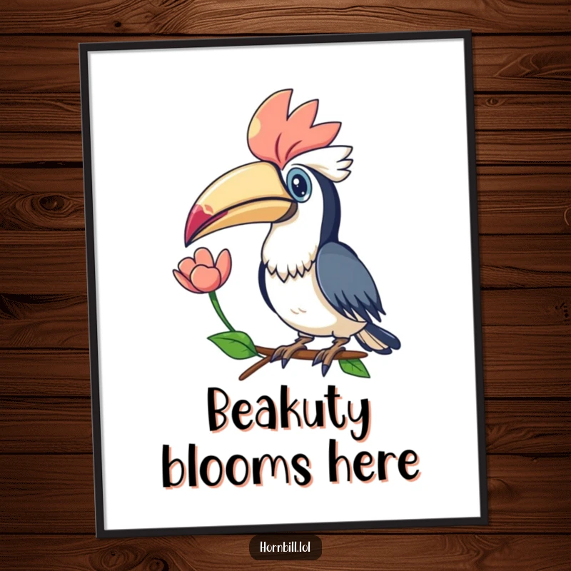 Free Printable Wall Art: A charming kawaii hornbill gracefully presents a colorful flower held delicately within its large, distinctive beak.