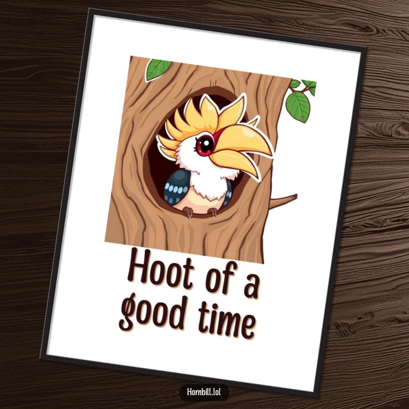 Funny Free Printable Wall Art of a kawaii hornbill peeking from a tree hollow, showcasing bright eyes and a playful spirit.