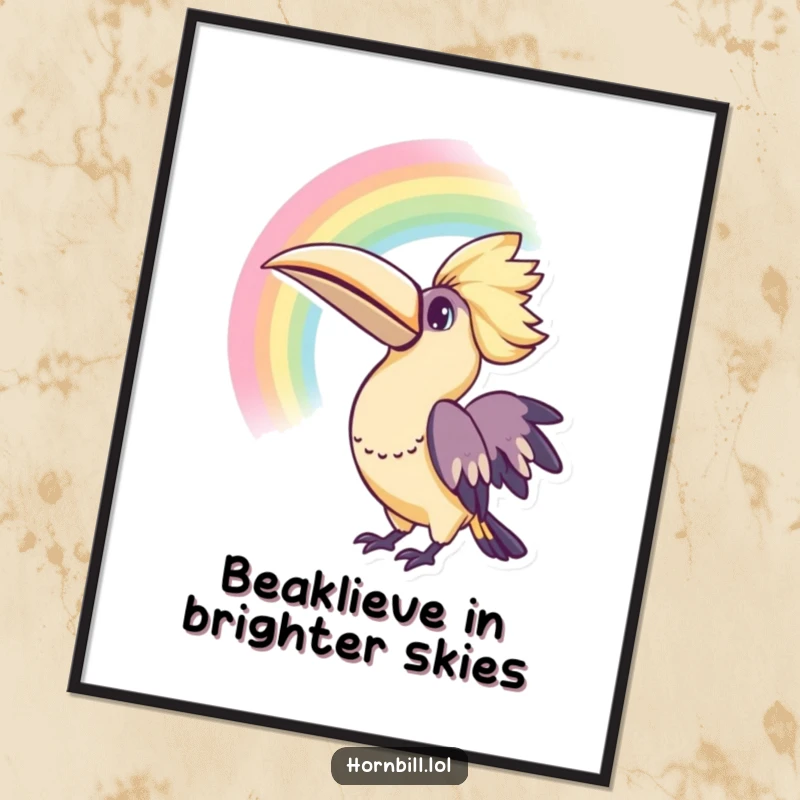 Free Printable Wall Art: A cute kawaii hornbill gazes with pure curiosity at a spectacular rainbow stretching across a vibrant sky.