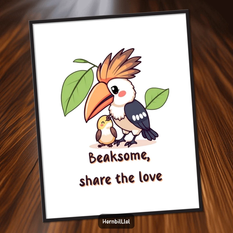 Free Printable Wall Art: A super cute kawaii hornbill sharing a piece of fruit with a tiny bird, embodying friendship and kindness.