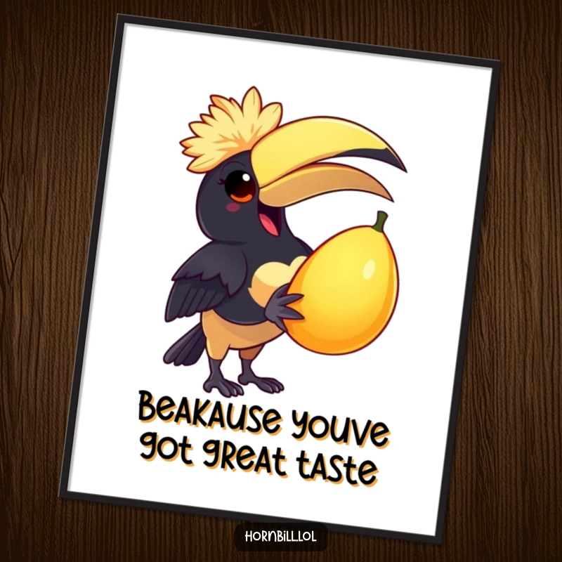 Funny Free Printable Wall Art: A delighted hornbill in a small cap joyfully holds a big, juicy tropical fruit.