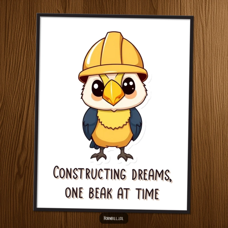 Funny Free Printable Wall Art: Hornbill wearing a tiny construction helmet, looking determined with a serious focus.
