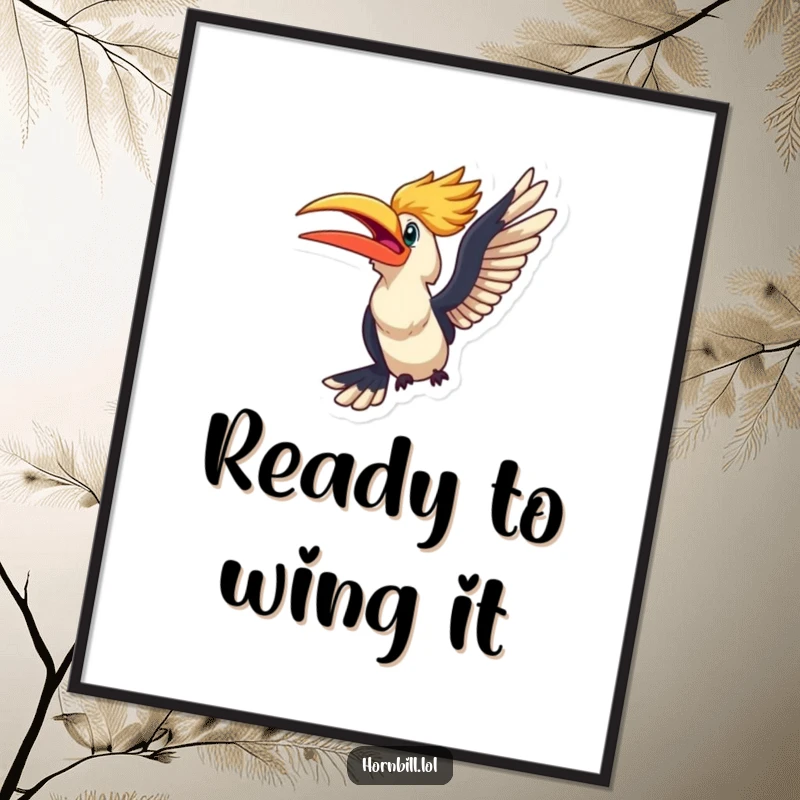 Funny Free Printable Wall Art: An excited kawaii hornbill looks eager to take flight, symbolizing freedom and adventure.
