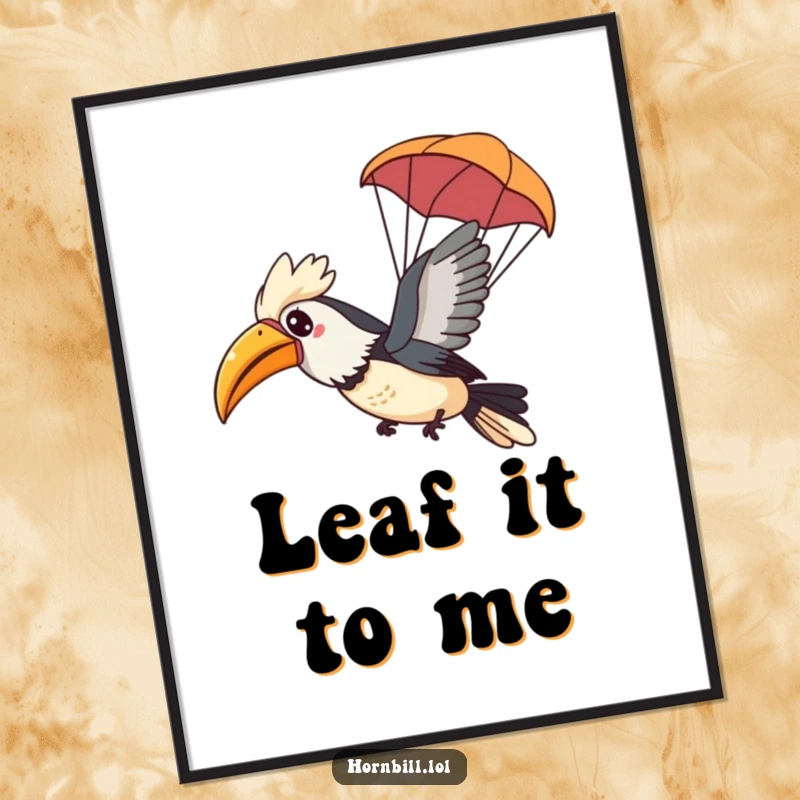 Funny Free Printable Wall Art: A Kawaii hornbill happily glides through the sky using a tiny leaf as a parachute, whimsical and light.