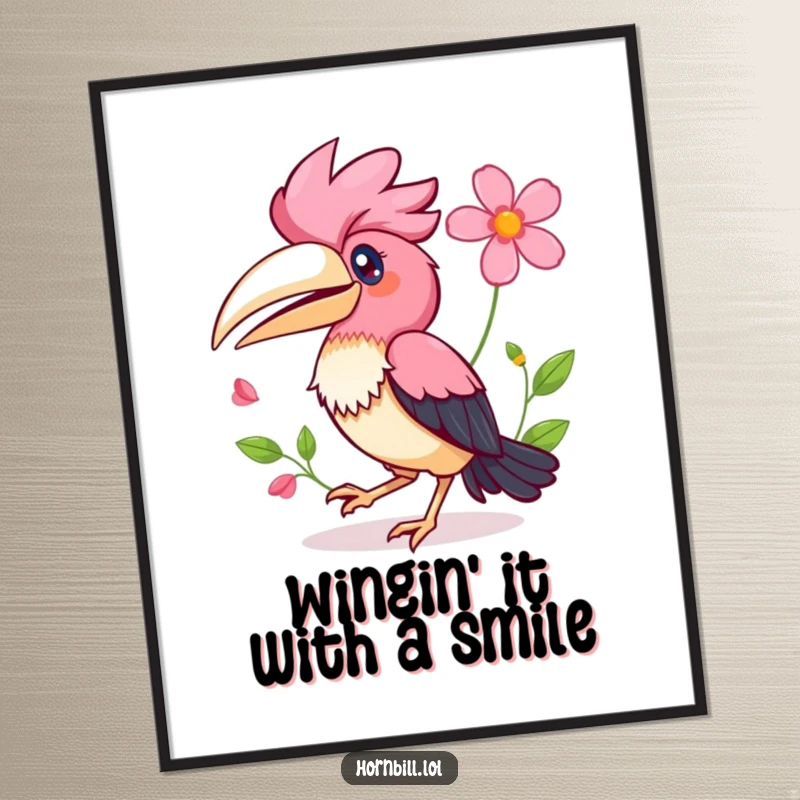 Funny Free Printable Wall Art: A happy Kawaii hornbill mid-hop, a colorful flower in its wing, adding a touch of whimsical delight.