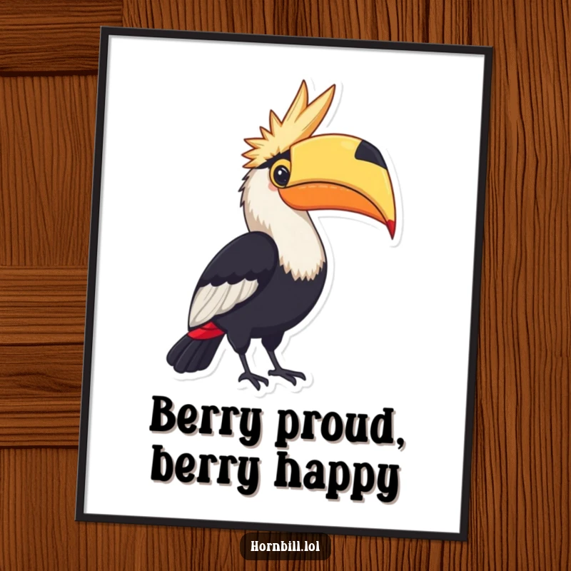 Funny Free Printable Wall Art of a hornbill proudly displaying a large, colorful berry, adding a touch of jungle vibrancy.