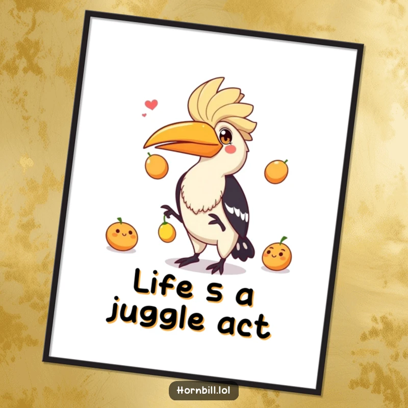 Funny Free Printable Wall Art: A hornbill with a mischievous grin juggling three small, colorful fruits with amazing skill.