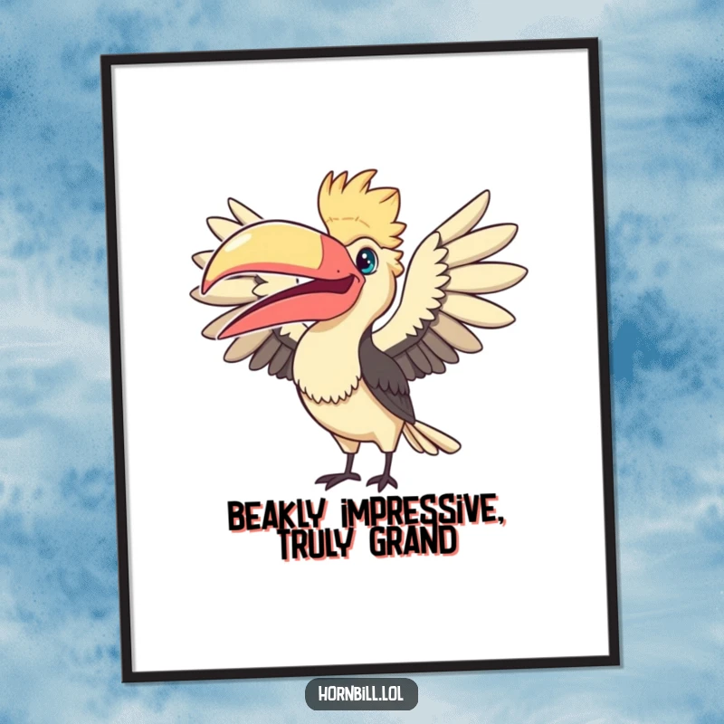 Funny Free Printable Wall Art: Kawaii hornbill excitedly fanning its large beak, creating a whimsical focal point.