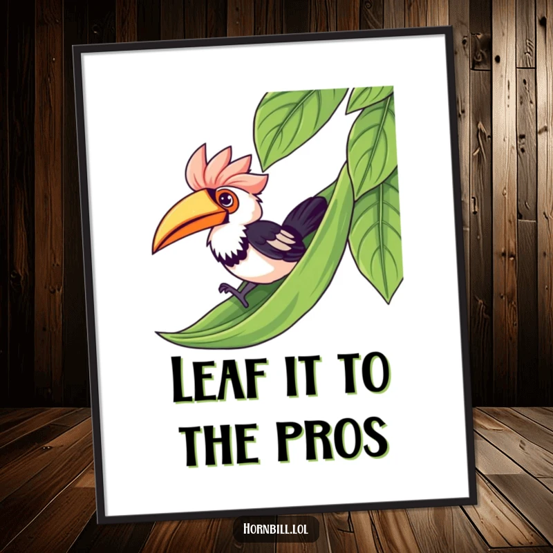 Funny Free Printable Wall Art: Kawaii hornbill hilariously sliding down a vibrant green leaf like a miniature waterslide.