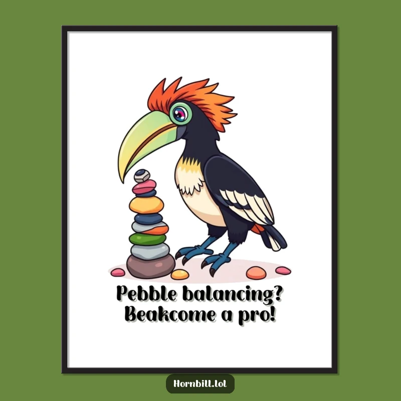 Free Printable Wall Art: Playful Hornbill Pebble Balance - Downloadable Quirky Art Gift