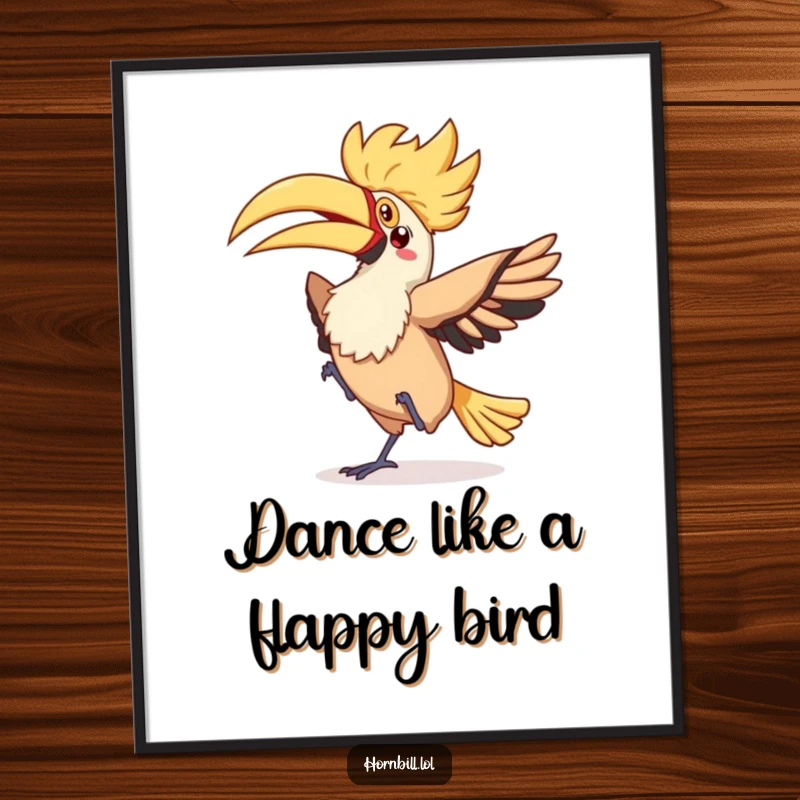 Funny Free Printable Wall Art: A kawaii hornbill performs a silly, flappy dance with a fluttery tail, bringing vibrant energy.