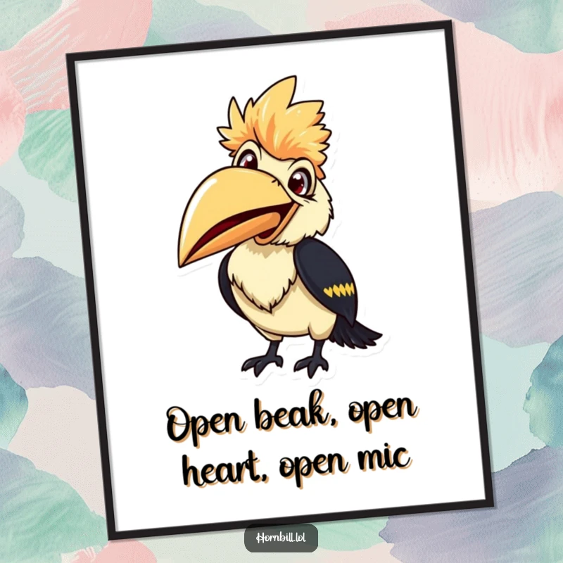 Funny Free Printable Wall Art: A smiling hornbill with its beak wide open, captured mid-chirp.
