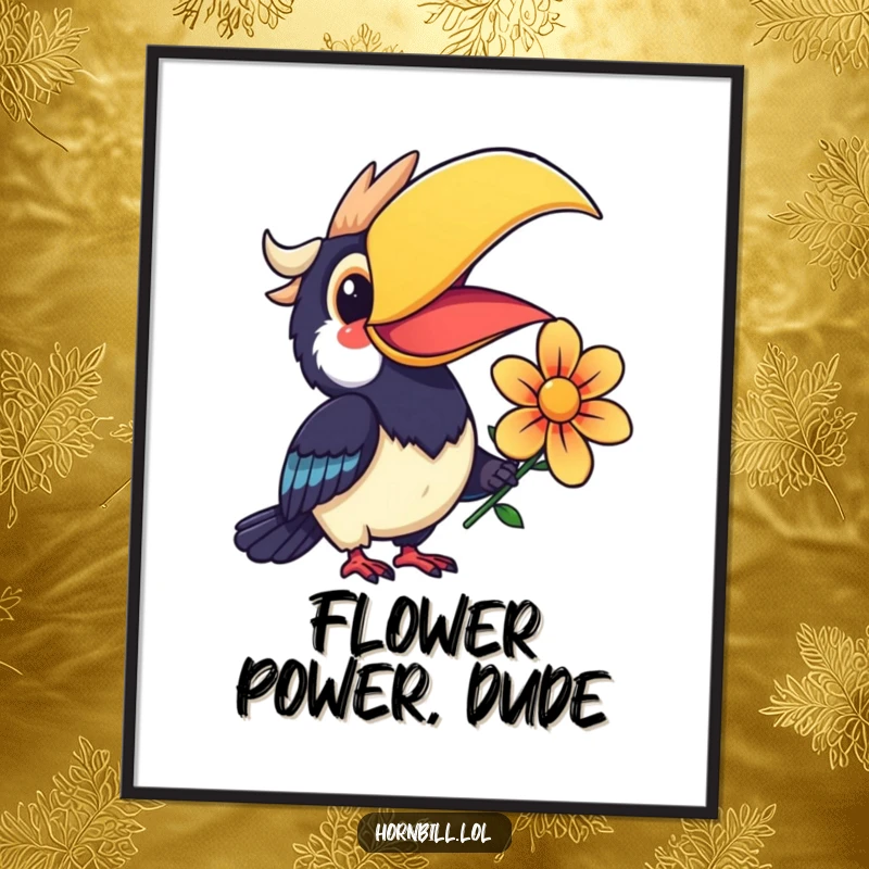 Funny Free Printable Wall Art: A Kawaii hornbill beams with a wide smile, offering a beautiful, colorful flower with warmth and joy.
