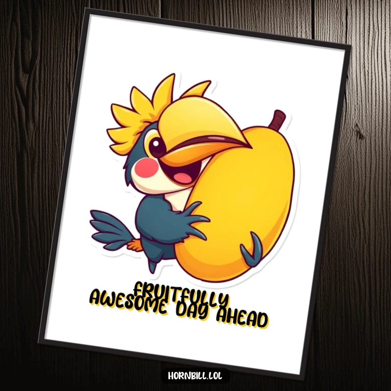 Funny free printable wall art of a kawaii hornbill joyfully holding a giant, colorful fruit, adding tropical and fun decor.