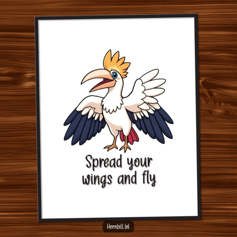 Funny free printable wall art of a hornbill character happily flapping large wings in a wide arc, symbolizing freedom and joy.