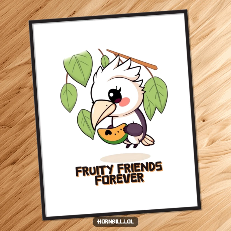 Funny Free Printable Wall Art: A kawaii hornbill happily offers a segment of fruit to its tiny, appreciative friend.