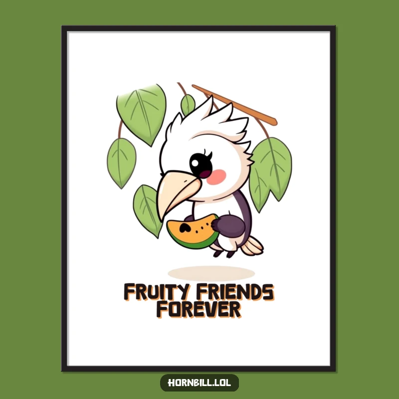 Funny Free Printable Wall Art: Kawaii Hornbill Sharing Fruit, Downloadable Decor