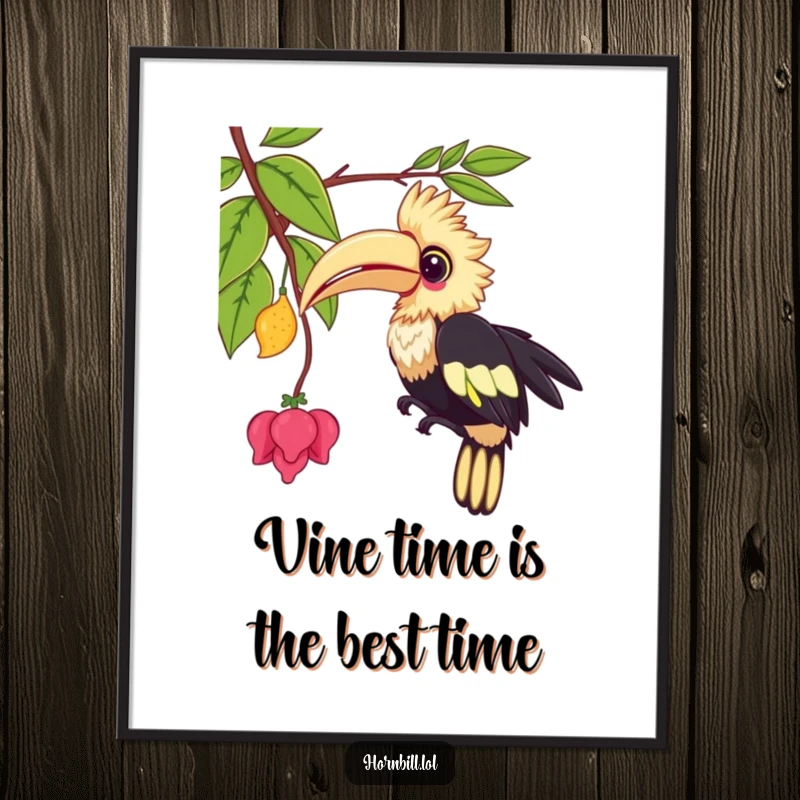 Funny Free Printable Wall Art: A kawaii hornbill playfully pecks at a dangling vine, creating a scene of sweet, lighthearted joy.