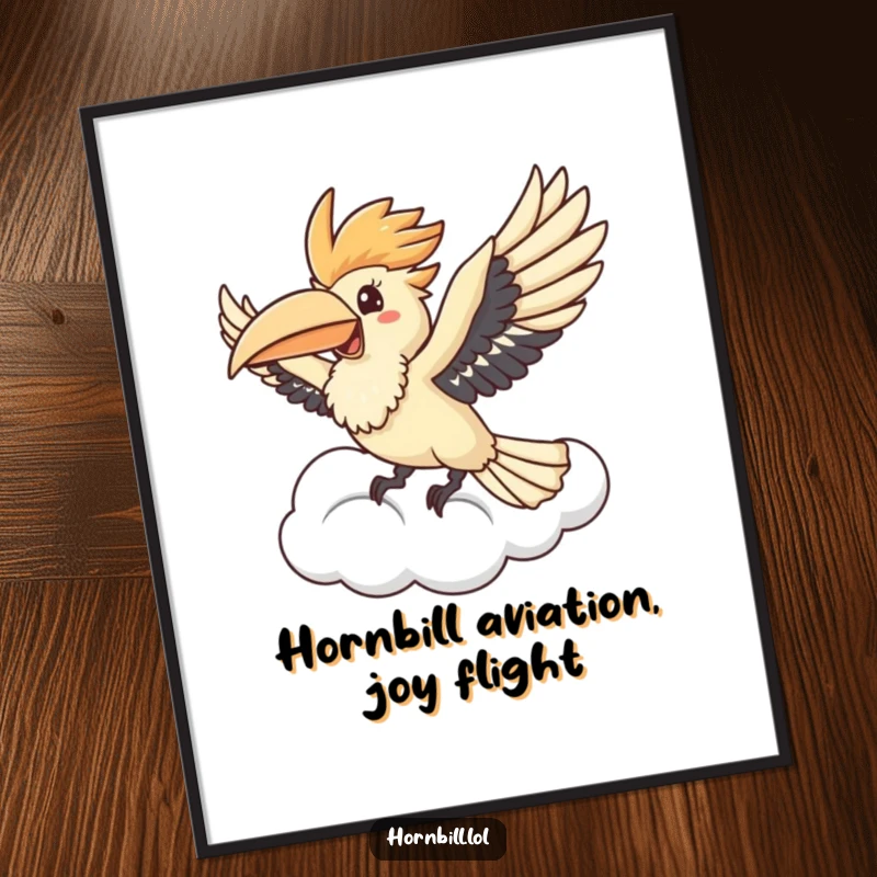 Funny Free Printable Wall Art showcasing a cute kawaii hornbill joyfully soaring through a fluffy cloud, bringing happiness and charm.