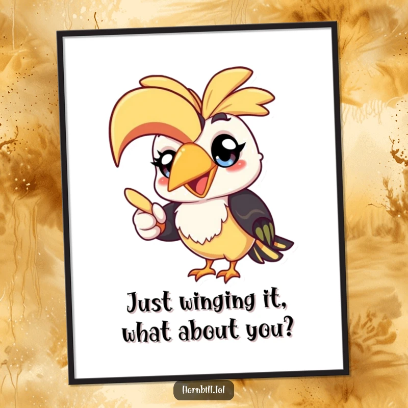 Funny Free Printable Wall Art: A kawaii hornbill with wide, cheerful eyes points its beak, looking delightful and ready to brighten any room.
