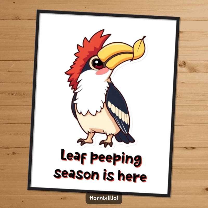 Free Printable Wall Art: Hornbill with wide, bright eyes looking up at a single falling leaf, a moment of quiet observation.