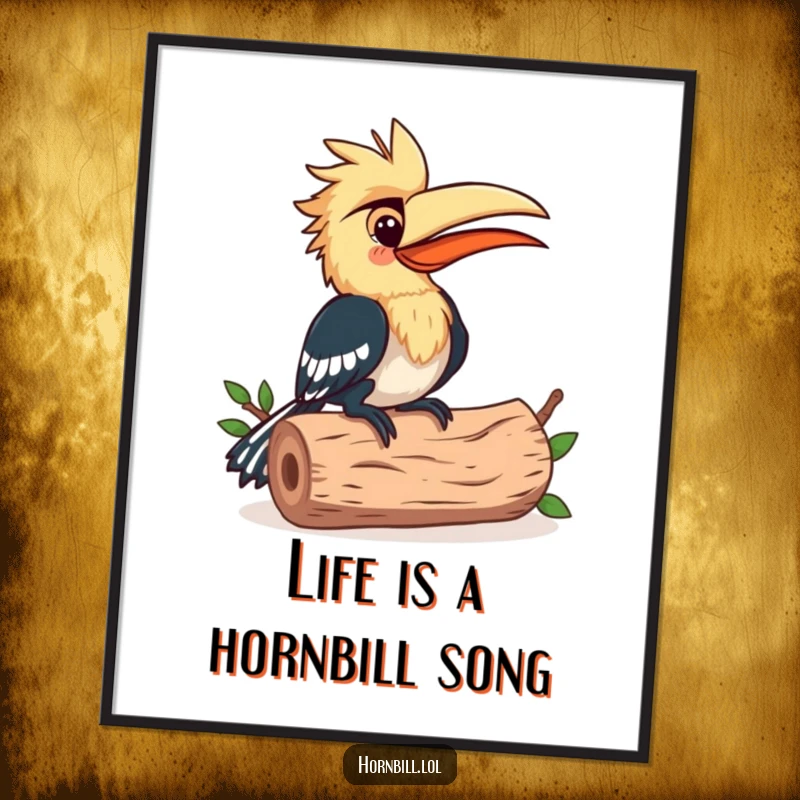 Funny Free Printable Wall Art: A happy hornbill is shown pecking rhythmically on a hollow log with a joyful expression.