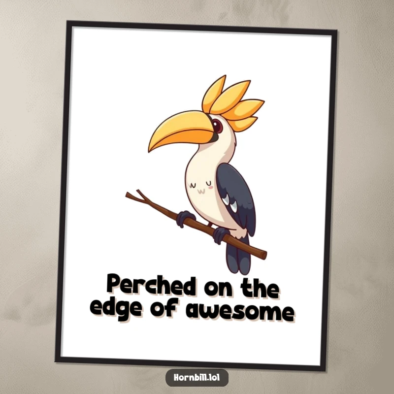 Funny Free Printable Wall Art: A cute hornbill perching on a thin branch, tilting its head inquisitively.