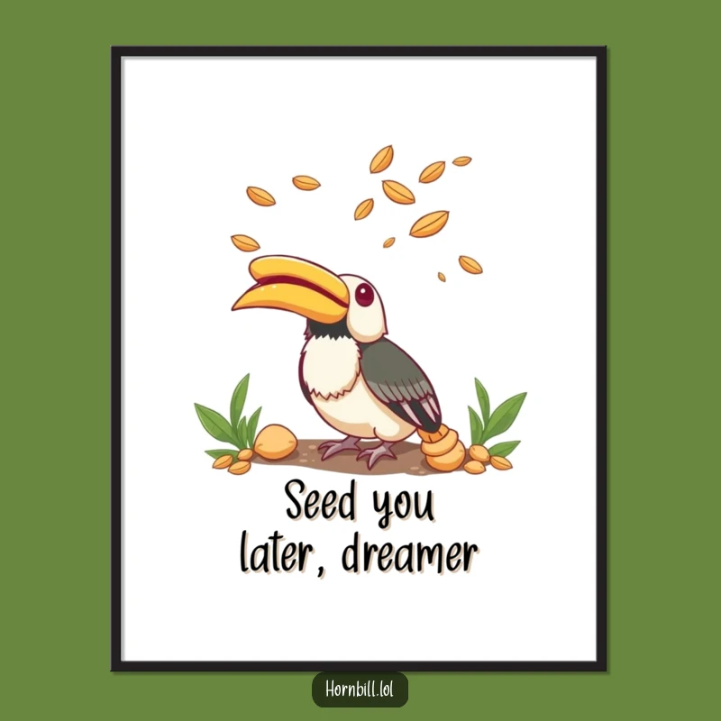 Free Printable Wall Art: Wondering Hornbill & Seeds, Humorous Downloadable Decor Inspiring Awe