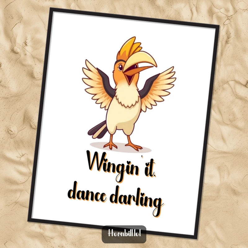 Funny Free Printable Wall Art showcasing a cute kawaii hornbill doing a silly dance with its wings fluttering, bringing joy and energy.