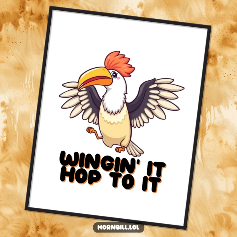 Funny Free Printable Wall Art: A hornbill with wings fully spread performs an energetic, cheerful celebratory hop for your wall.