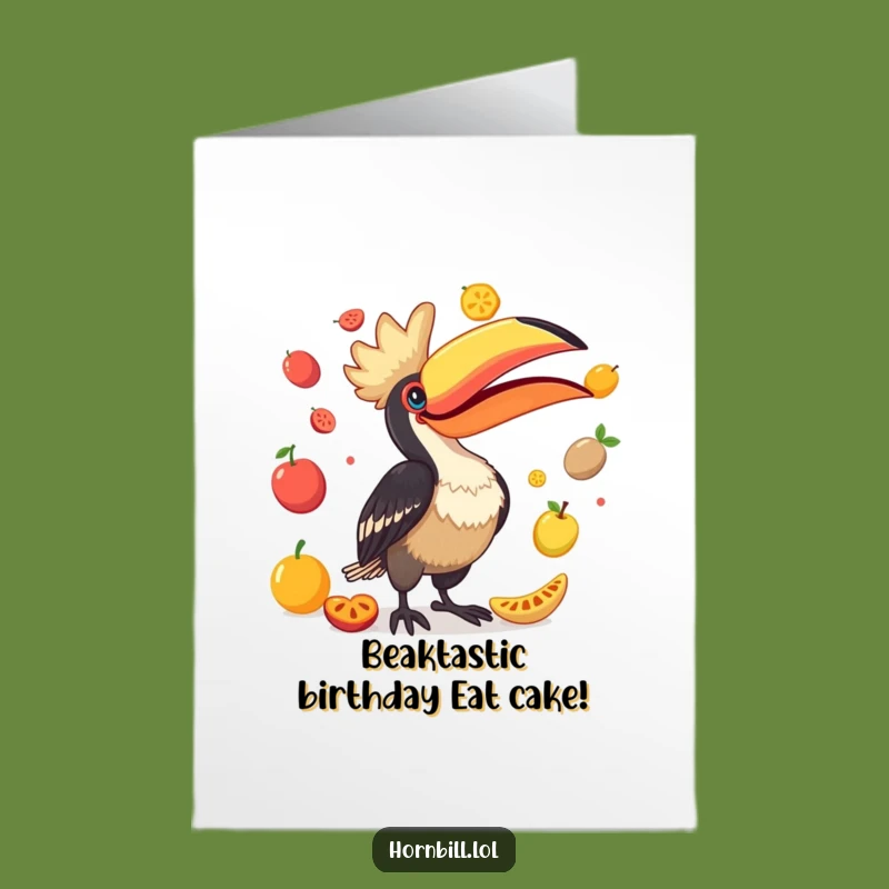 Free Printable Funny Hornbill Birthday Card: Juggling Fruits for a Laughable Celebration