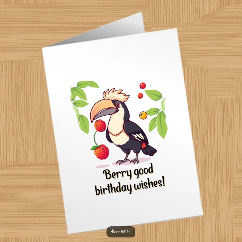 Funny Free Printable Birthday Card: Playful hornbill expertly juggles two bright berries, spreading comic cheer for your celebration.