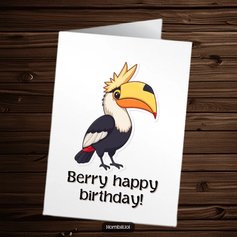 Funny Free Printable Birthday Card featuring a hornbill proudly showcasing a large, vividly colored berry as a birthday treat.