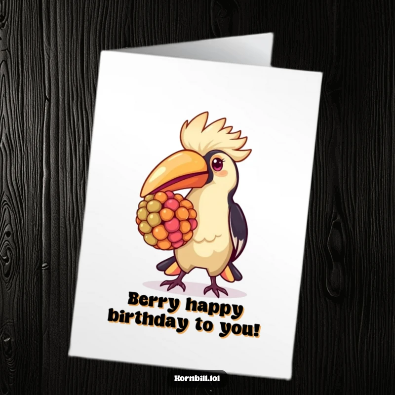 Funny Free Printable Birthday Card: A kawaii hornbill proudly carrying a large, colorful berry in its beak.